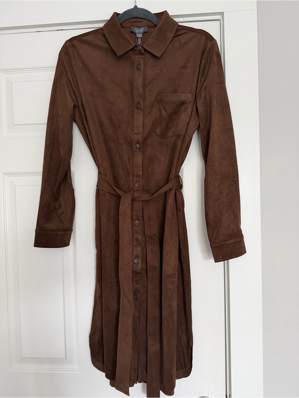 Lysse Brown Faux-Suede Long Sleeve Shirt Dress with Tie Belt